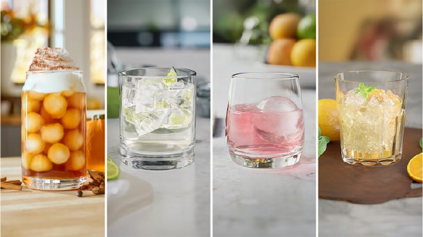 LG's Cubed, Craft Ice®, mini Craft Ice® and Crushed ice shown in three side-by-side glasses, emphasizing distinct shapes and textures.